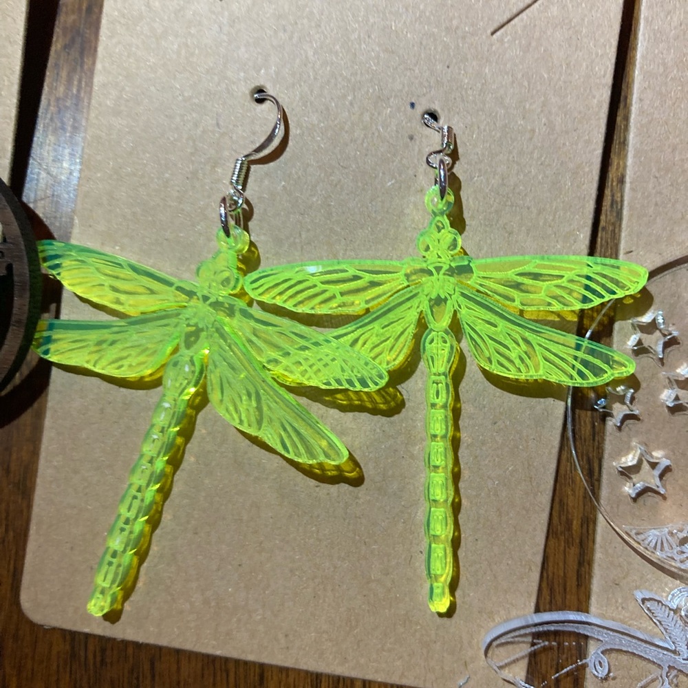 Lime green acrylic dragonfly laser cut earrings